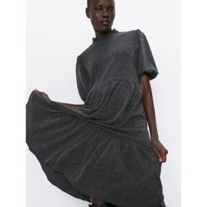NEW Zara Gray Soft Knit Mock Neck Tiered Midi Dress Size Small (S)